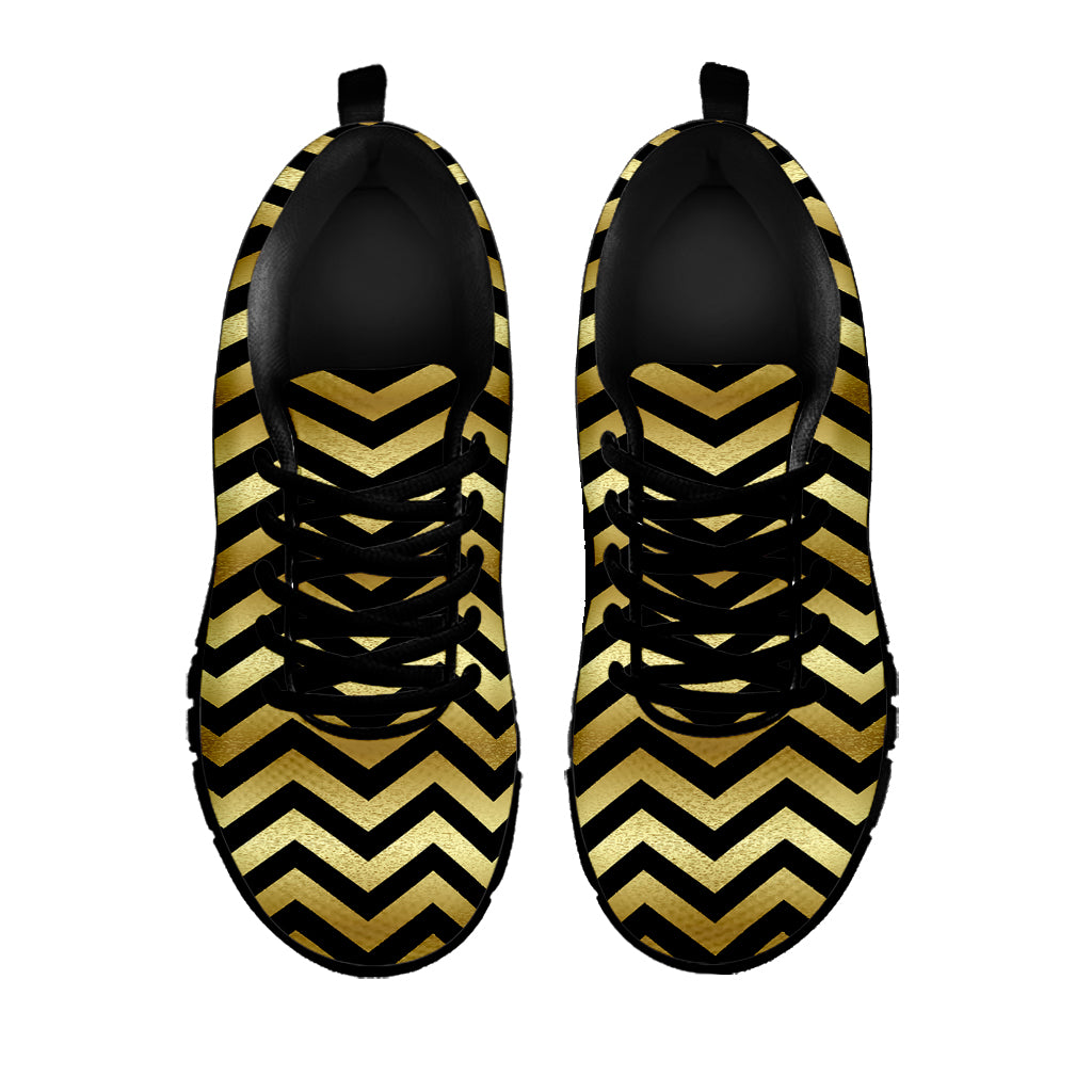Gold And Black Chevron Pattern Print Black Sneakers