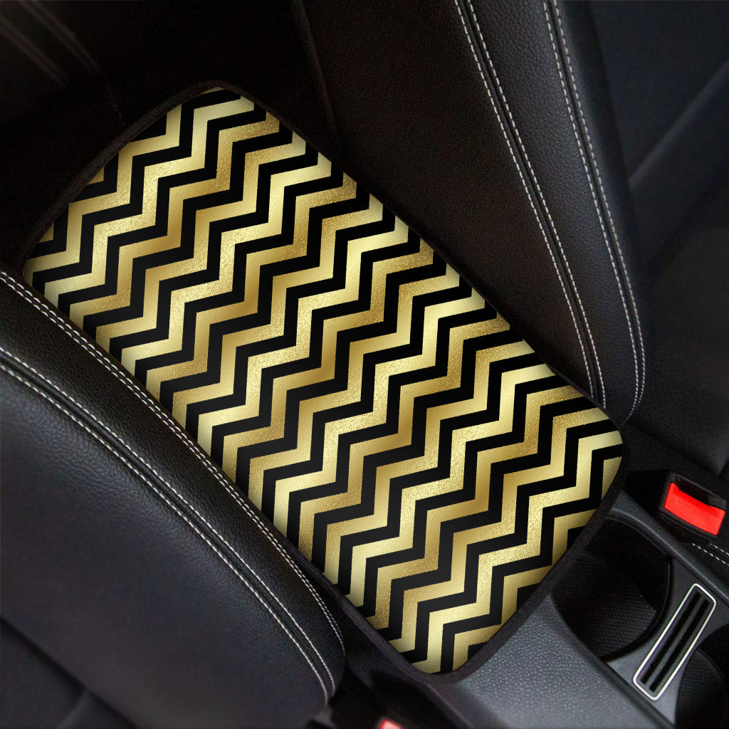 Gold And Black Chevron Pattern Print Car Center Console Cover