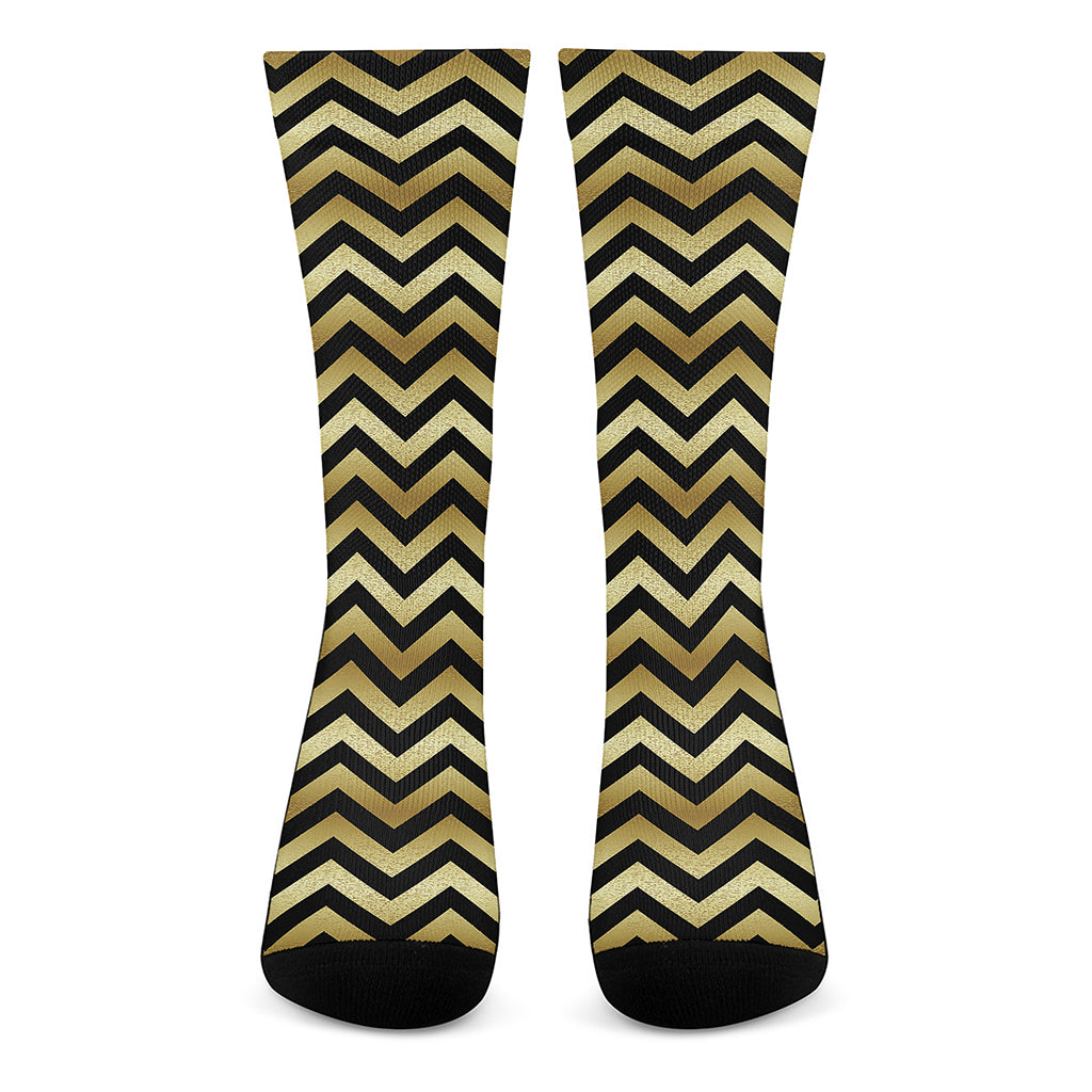 Gold And Black Chevron Pattern Print Crew Socks