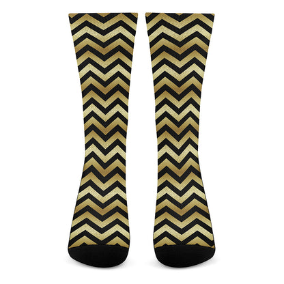 Gold And Black Chevron Pattern Print Crew Socks