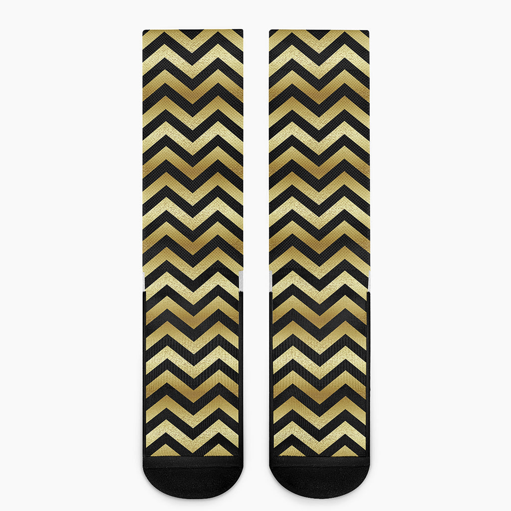 Gold And Black Chevron Pattern Print Crew Socks