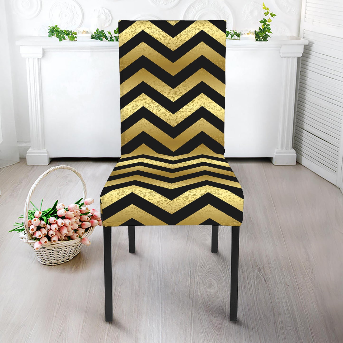 Gold And Black Chevron Pattern Print Dining Chair Slipcover