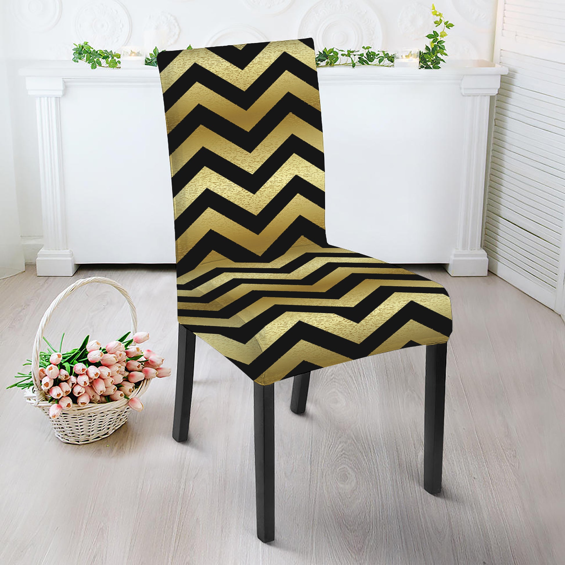 Gold And Black Chevron Pattern Print Dining Chair Slipcover