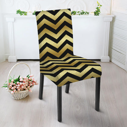 Gold And Black Chevron Pattern Print Dining Chair Slipcover
