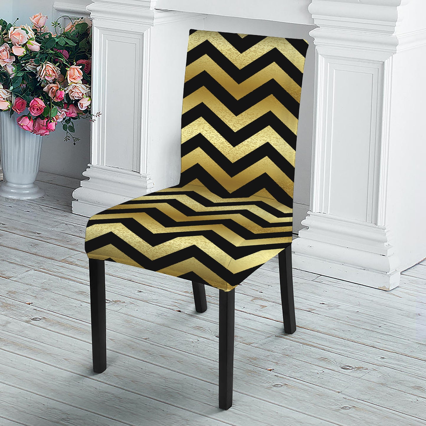 Gold And Black Chevron Pattern Print Dining Chair Slipcover