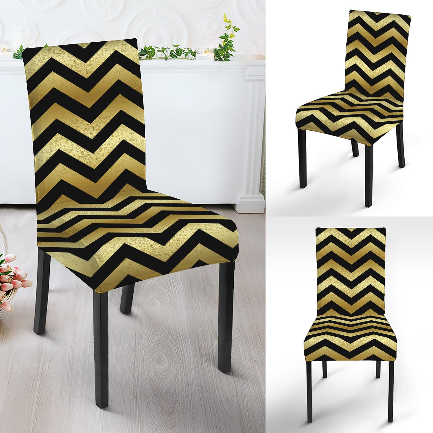 Gold And Black Chevron Pattern Print Dining Chair Slipcover