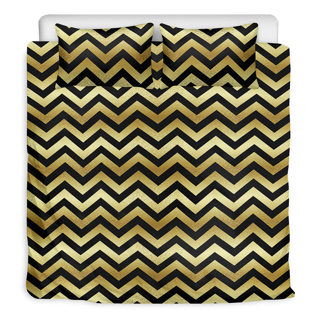 Gold And Black Chevron Pattern Print Duvet Cover Bedding Set