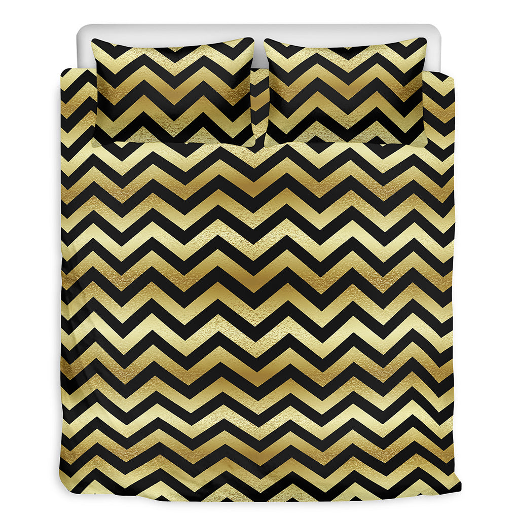 Gold And Black Chevron Pattern Print Duvet Cover Bedding Set