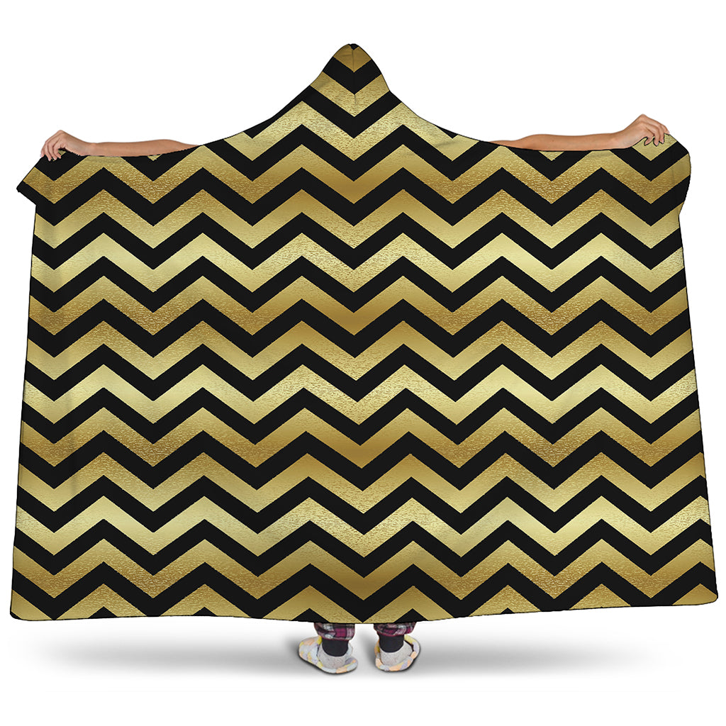 Gold And Black Chevron Pattern Print Hooded Blanket