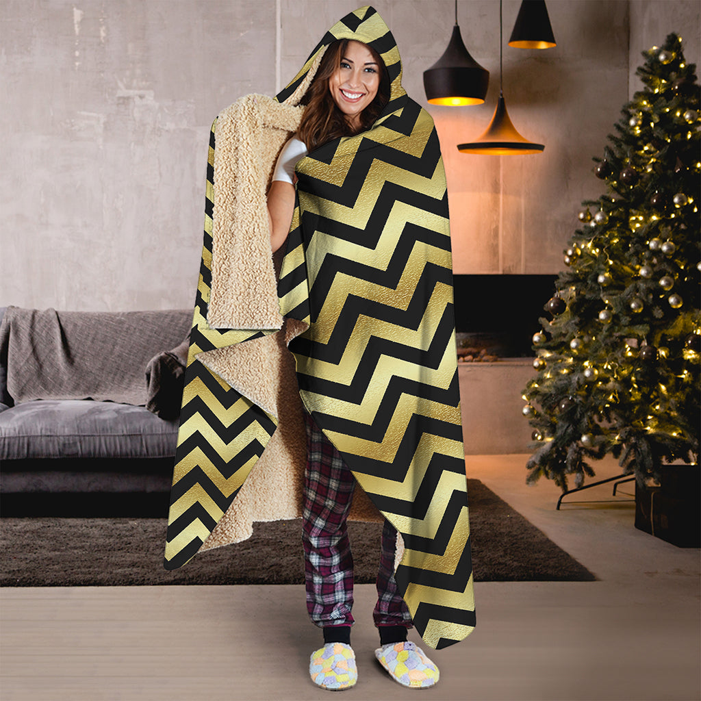 Gold And Black Chevron Pattern Print Hooded Blanket