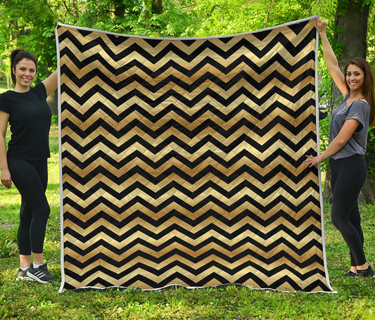 Gold And Black Chevron Pattern Print Quilt