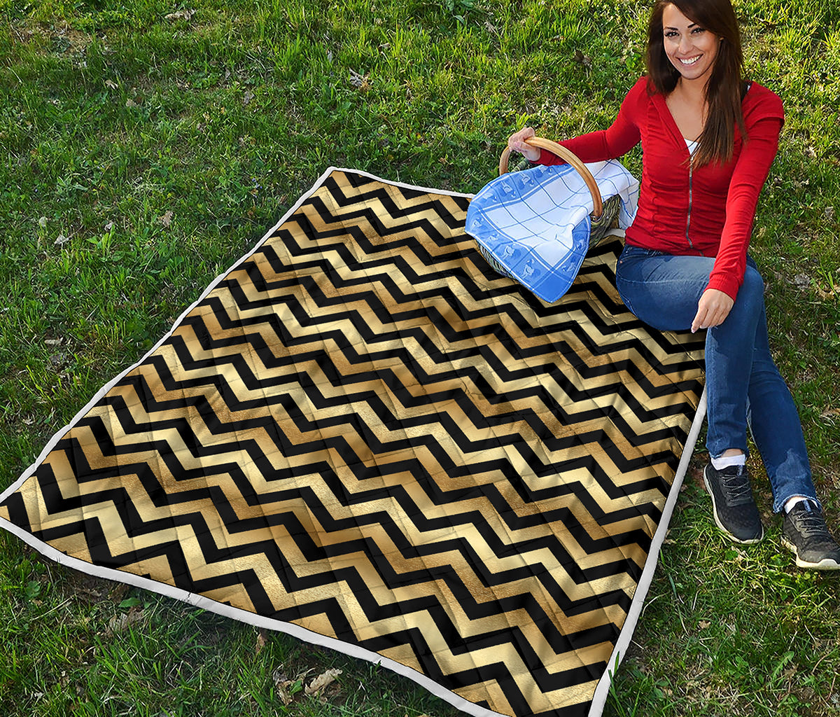 Gold And Black Chevron Pattern Print Quilt