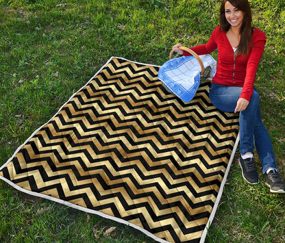 Gold And Black Chevron Pattern Print Quilt