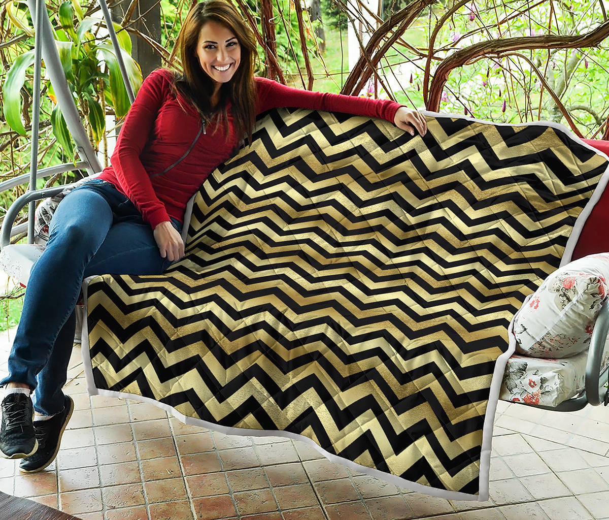 Gold And Black Chevron Pattern Print Quilt