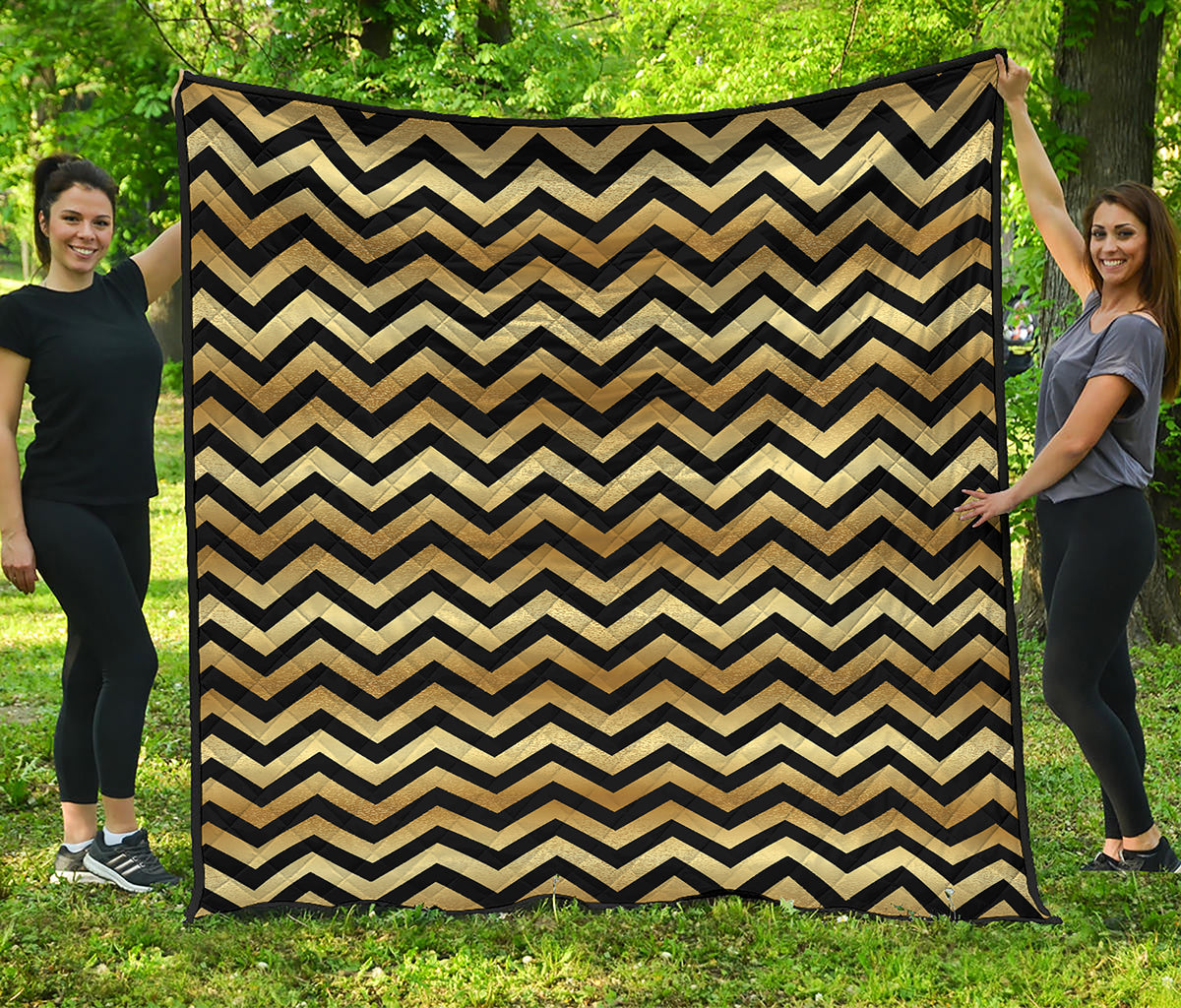Gold And Black Chevron Pattern Print Quilt