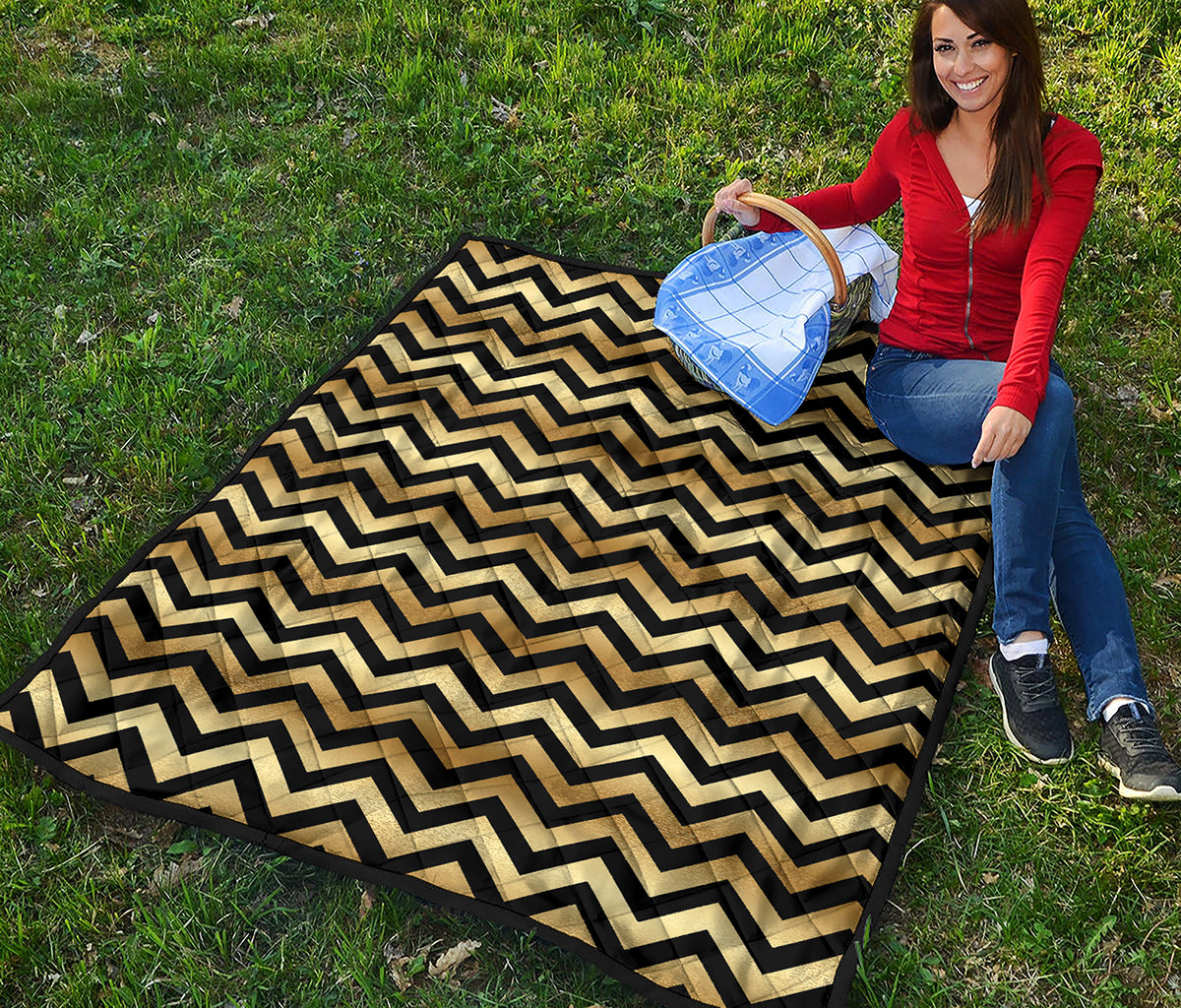 Gold And Black Chevron Pattern Print Quilt