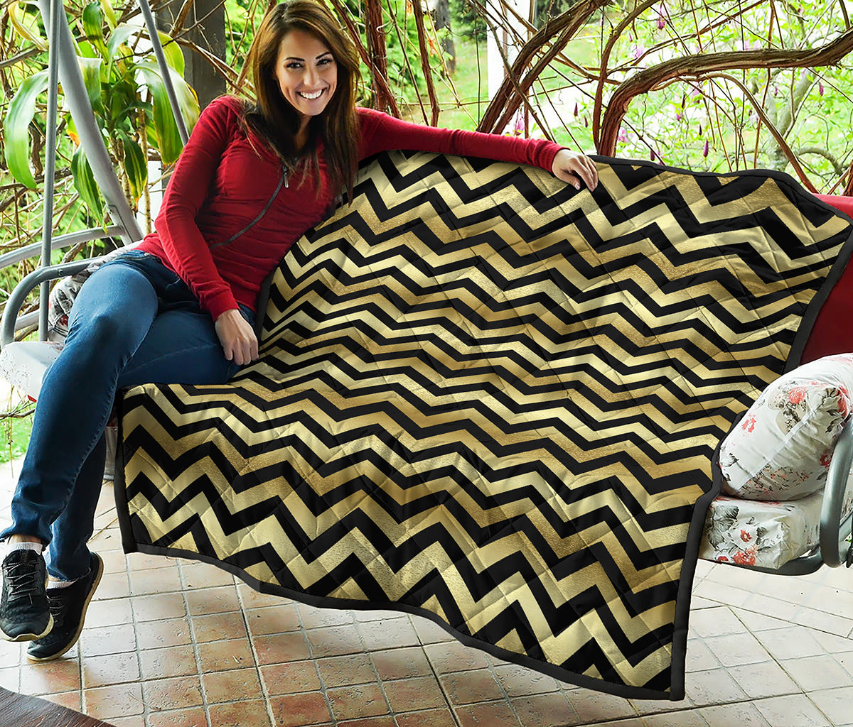 Gold And Black Chevron Pattern Print Quilt