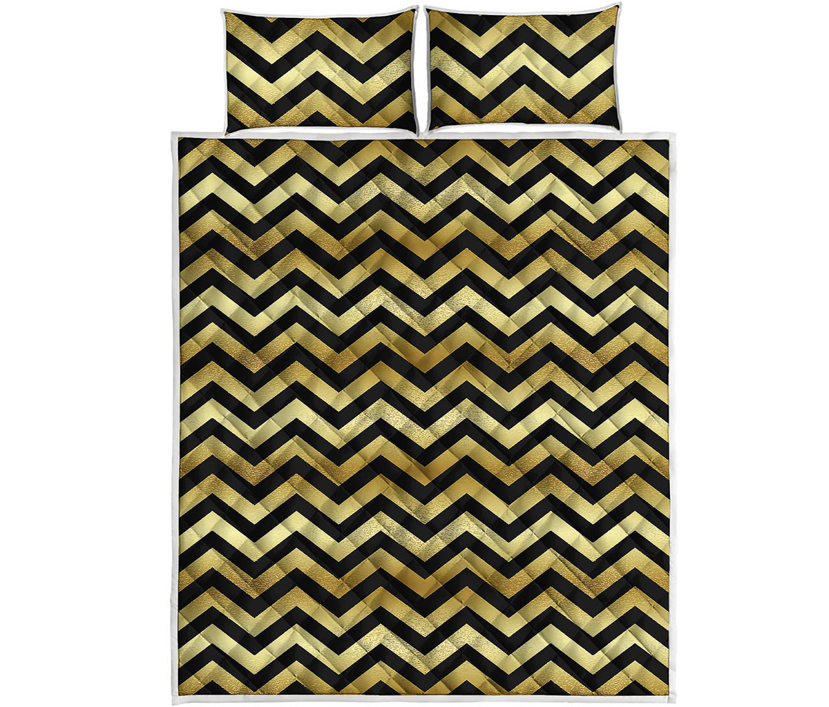 Gold And Black Chevron Pattern Print Quilt Bed Set