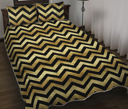 Gold And Black Chevron Pattern Print Quilt Bed Set