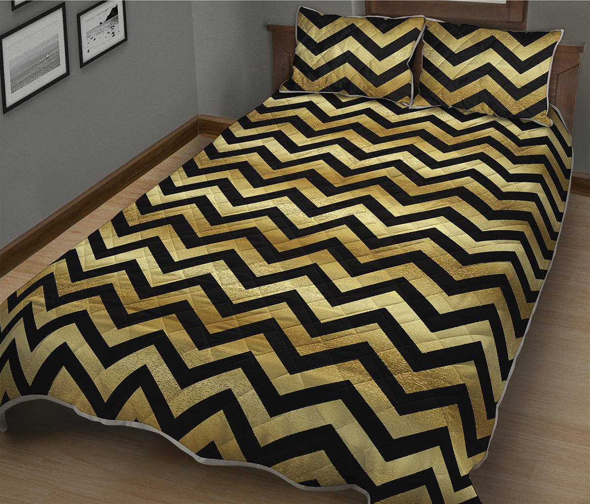 Gold And Black Chevron Pattern Print Quilt Bed Set