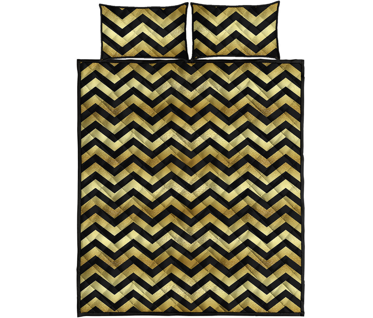 Gold And Black Chevron Pattern Print Quilt Bed Set