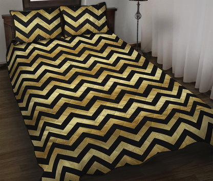 Gold And Black Chevron Pattern Print Quilt Bed Set