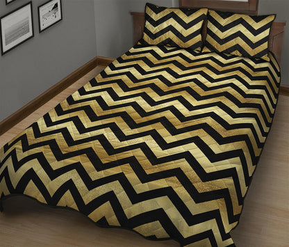 Gold And Black Chevron Pattern Print Quilt Bed Set
