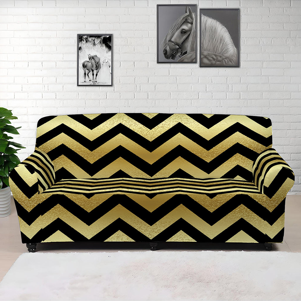 Gold And Black Chevron Pattern Print Sofa Cover