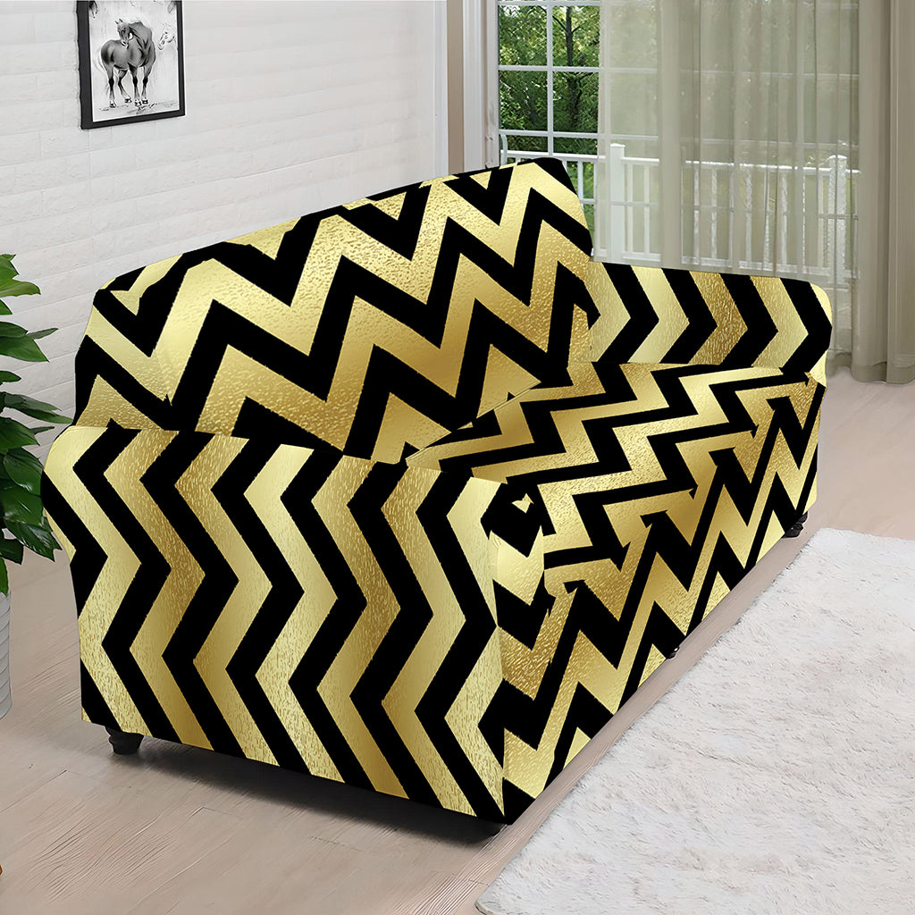 Gold And Black Chevron Pattern Print Sofa Cover