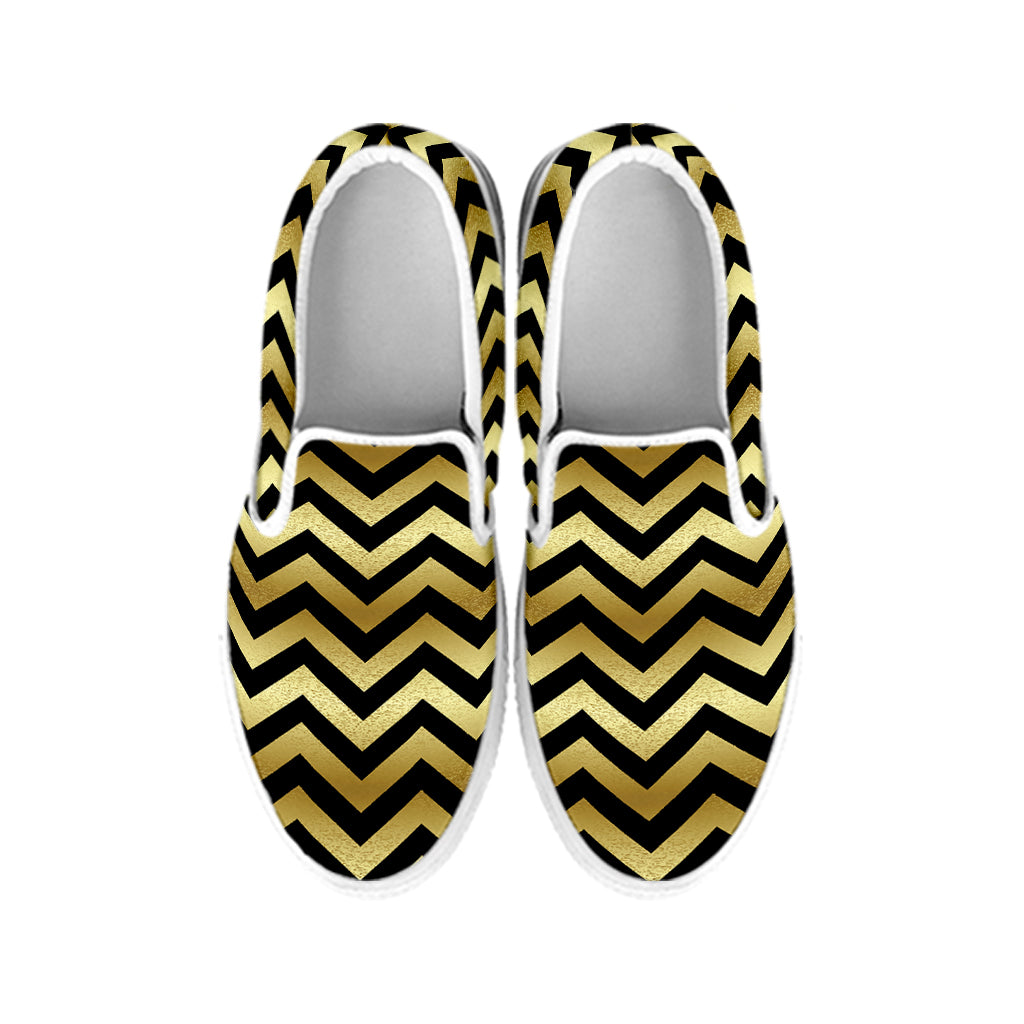Gold And Black Chevron Pattern Print White Slip On Shoes