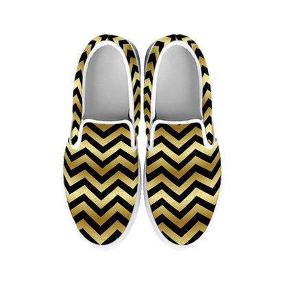 Gold And Black Chevron Pattern Print White Slip On Shoes
