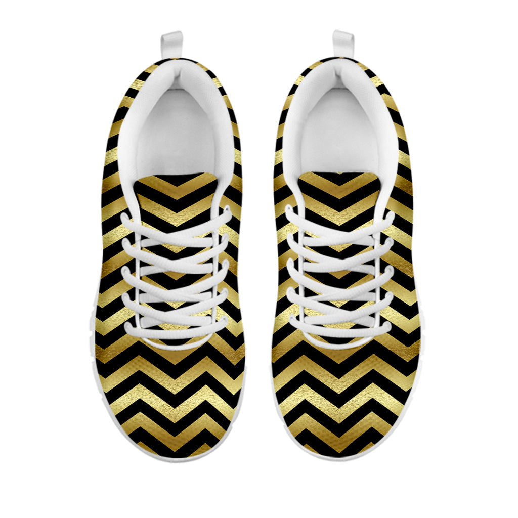Gold And Black Chevron Pattern Print White Sneakers