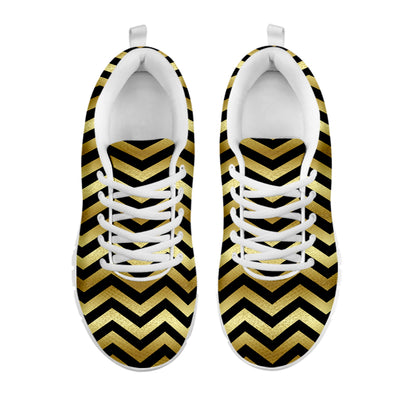 Gold And Black Chevron Pattern Print White Sneakers