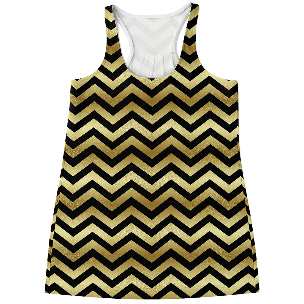 Gold And Black Chevron Pattern Print Women's Racerback Tank Top