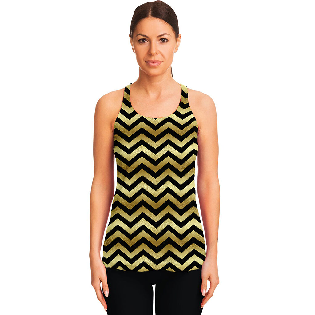 Gold And Black Chevron Pattern Print Women's Racerback Tank Top