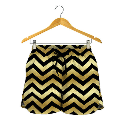 Gold And Black Chevron Pattern Print Women's Shorts