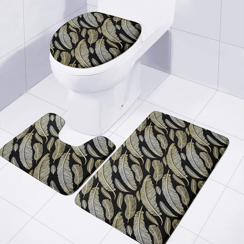 Gold And Black Feather Pattern Print 3 Piece Bath Mat Set