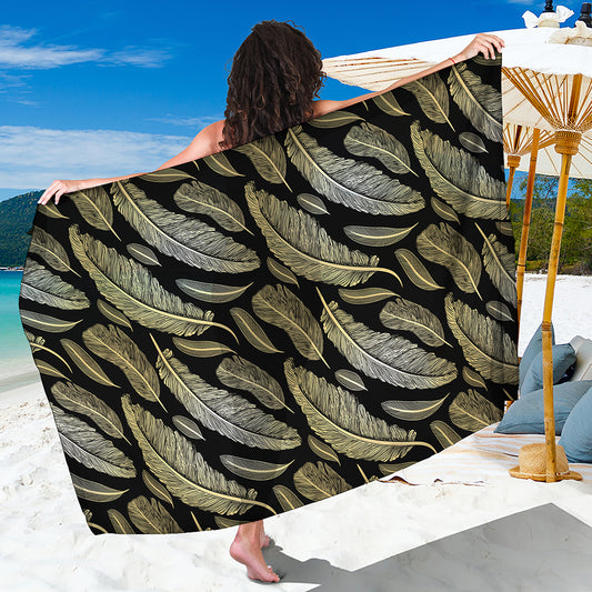 Gold And Black Feather Pattern Print Beach Sarong Wrap