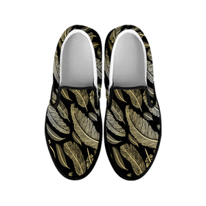 Gold And Black Feather Pattern Print Black Slip On Shoes