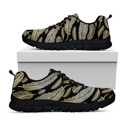 Gold And Black Feather Pattern Print Black Sneakers