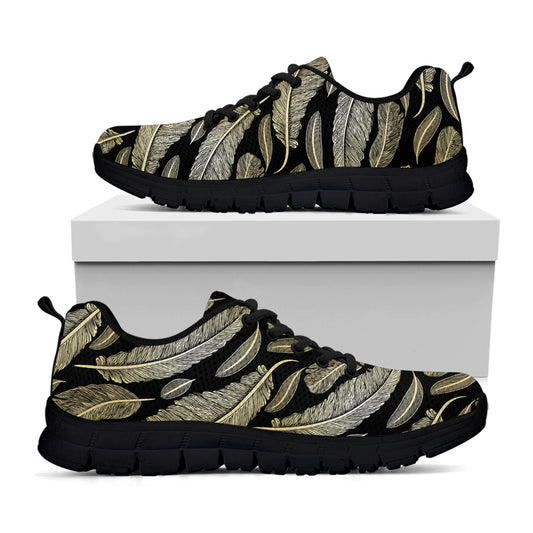 Gold And Black Feather Pattern Print Black Sneakers