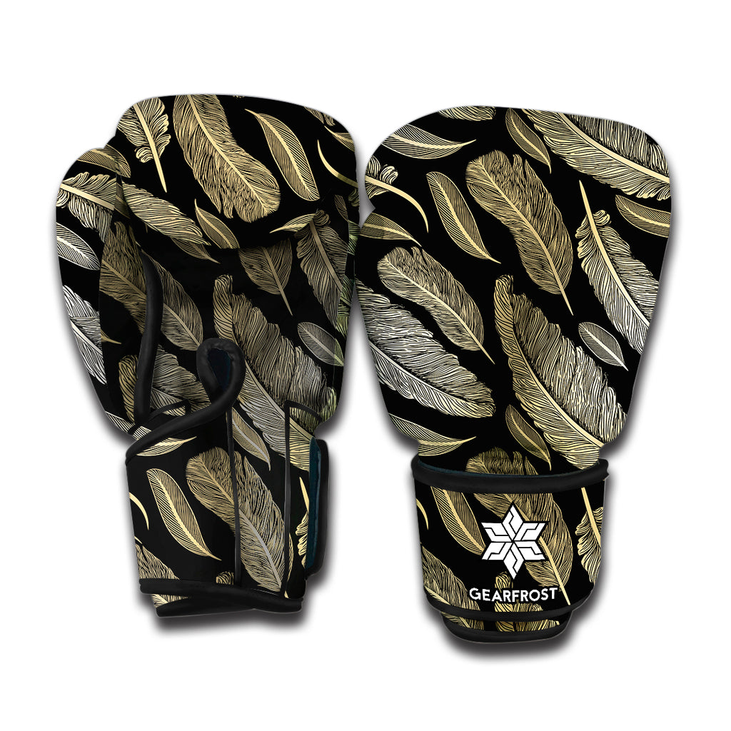 Gold And Black Feather Pattern Print Boxing Gloves