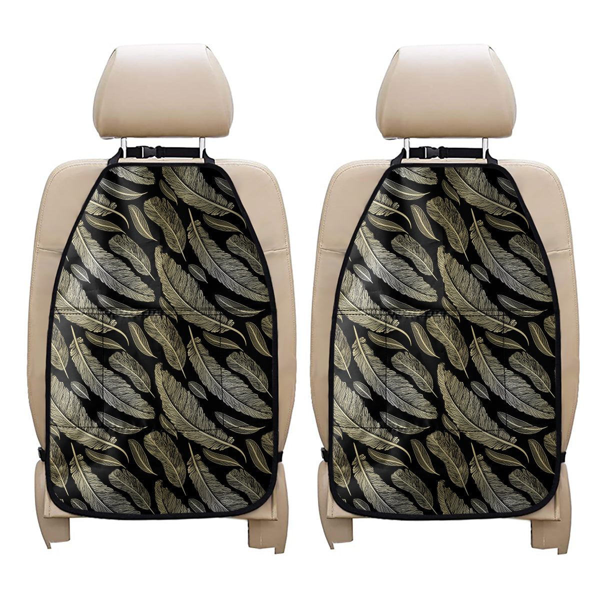 Gold And Black Feather Pattern Print Car Seat Organizers