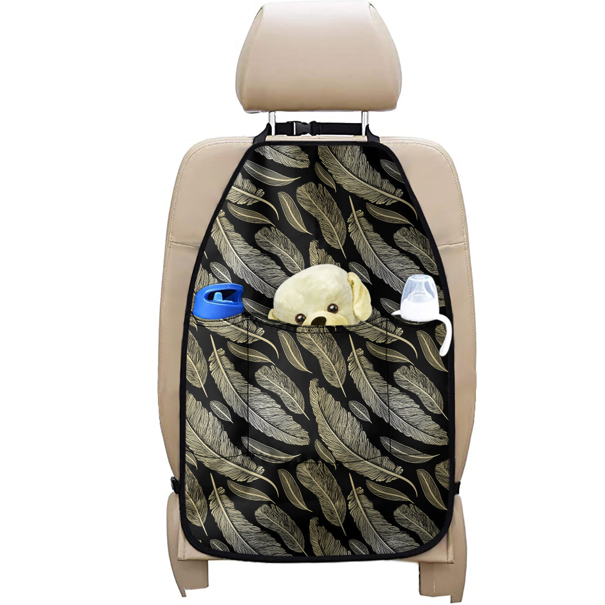 Gold And Black Feather Pattern Print Car Seat Organizers