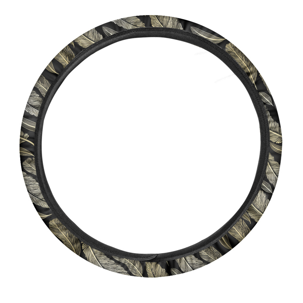 Gold And Black Feather Pattern Print Car Steering Wheel Cover