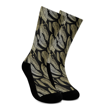 Gold And Black Feather Pattern Print Crew Socks