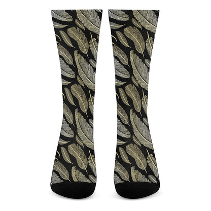Gold And Black Feather Pattern Print Crew Socks