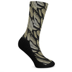 Gold And Black Feather Pattern Print Crew Socks