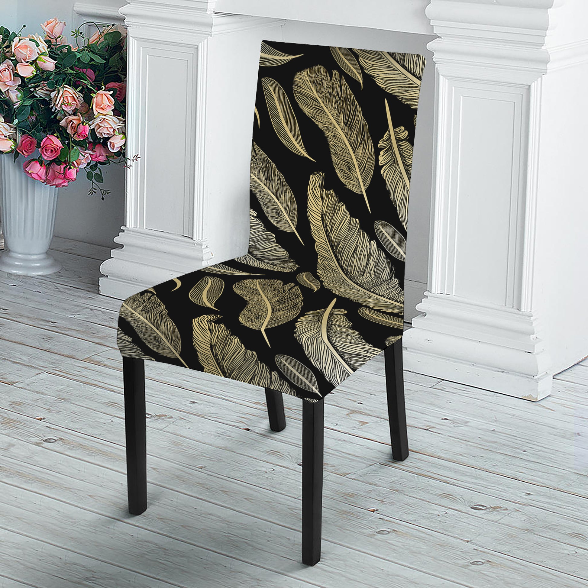 Gold And Black Feather Pattern Print Dining Chair Slipcover