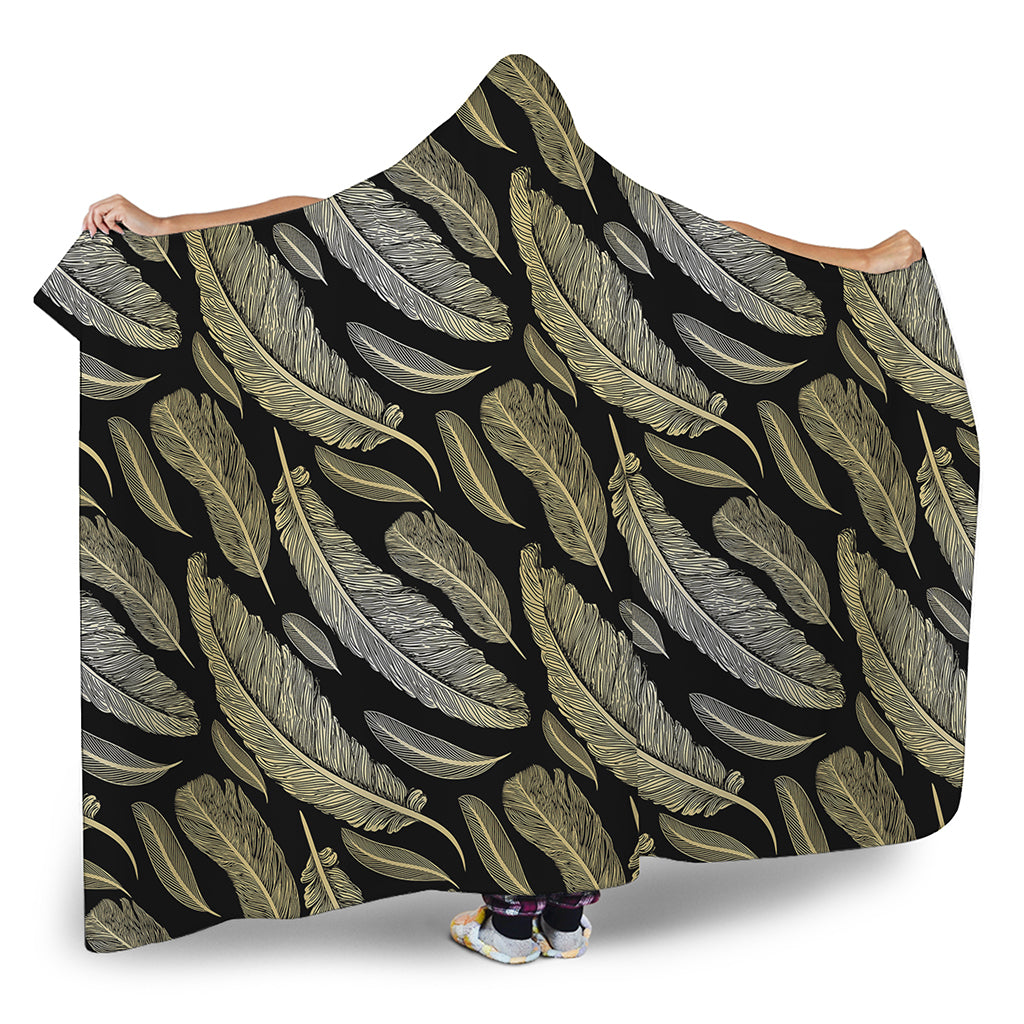 Gold And Black Feather Pattern Print Hooded Blanket